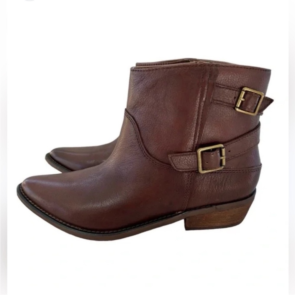 Lucky Brand Caelyn Leather Bootie Brown Double Buckle Western Moto Boho 5.5